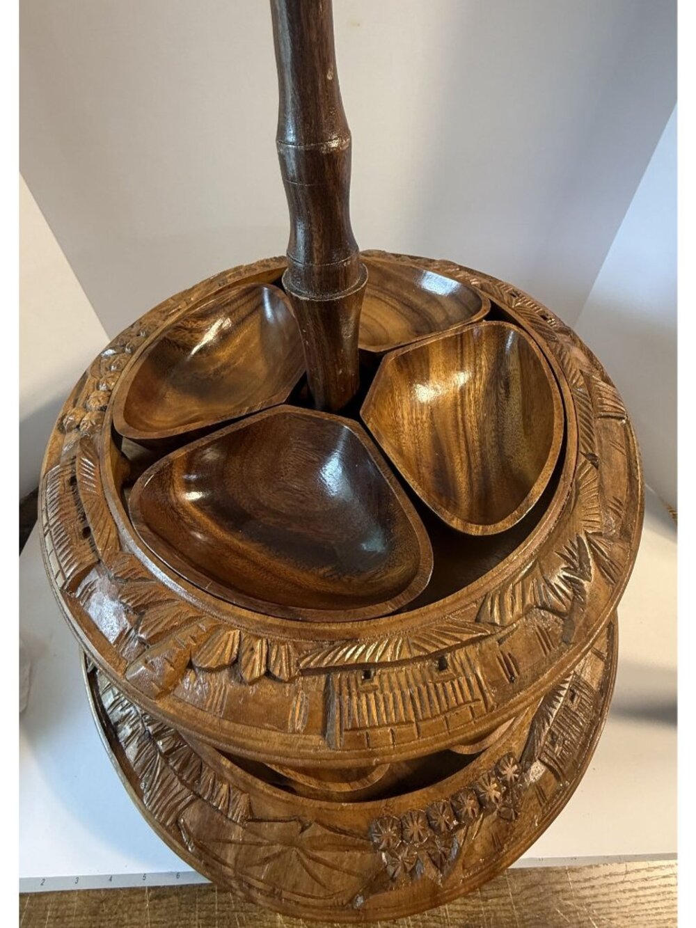 Vintage Rosas Philippine Monkey Pod Wood 3 Tier Lazy Susan Serving Set Pineapple - Picture 12 of 16